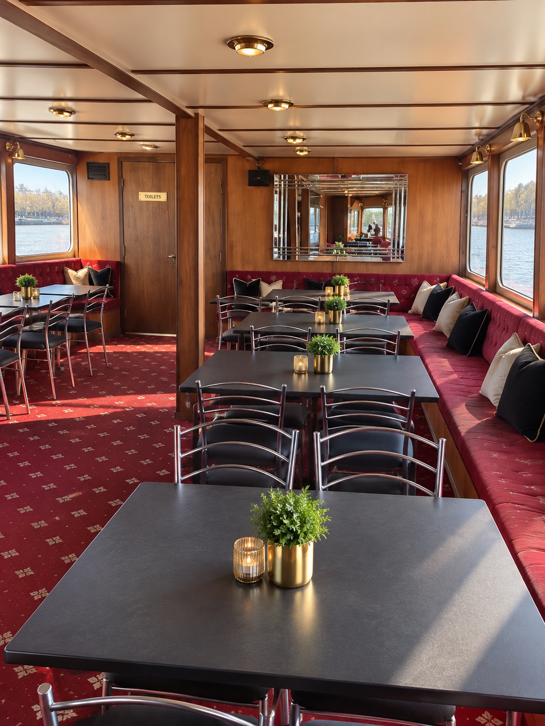 Dining tables and banquette seating aboard Suerita