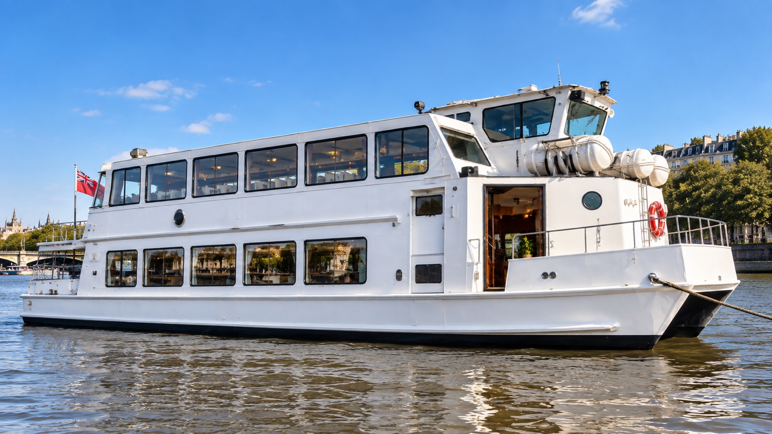 The redesigned white Suerita vessel on the river