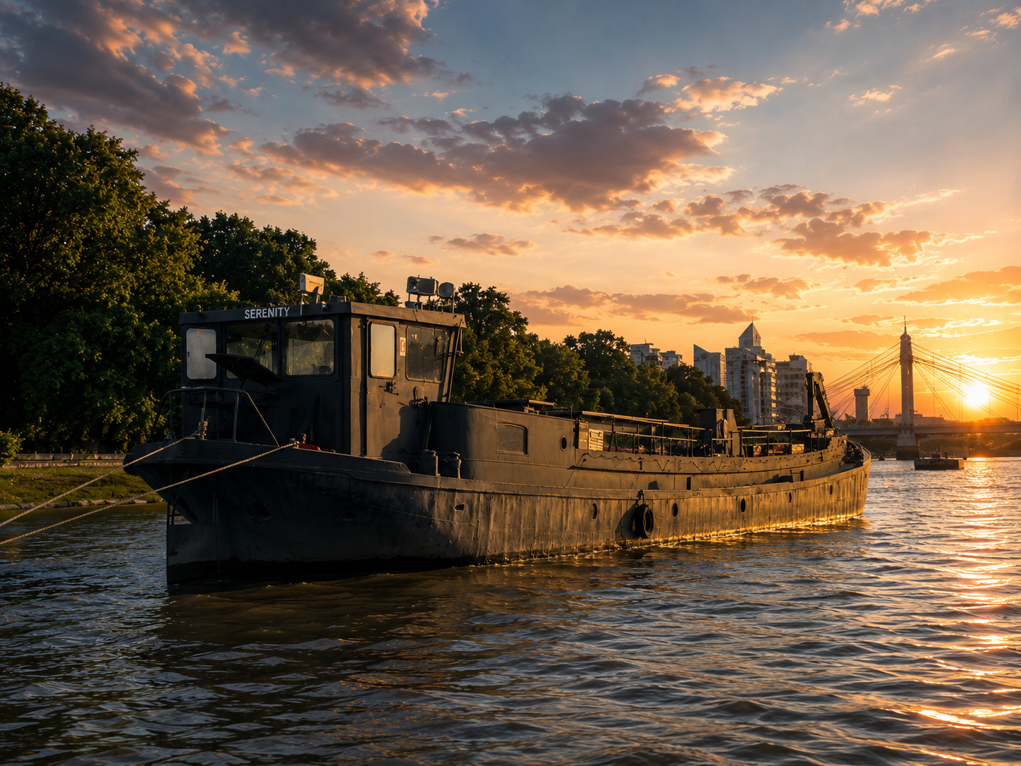 A character-filled event vessel on the River Thames at golden hour