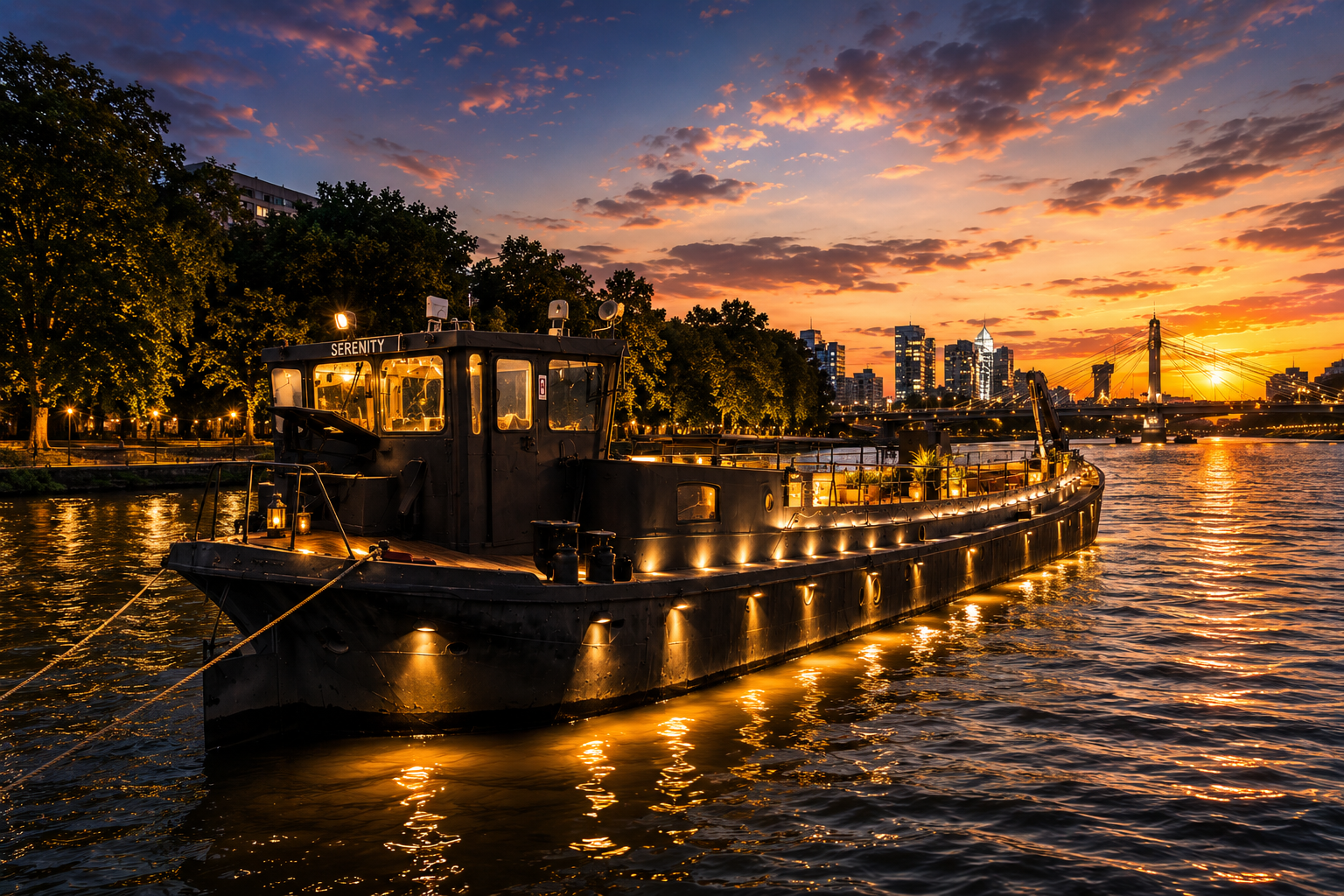 Vessel at golden hour on the River Thames