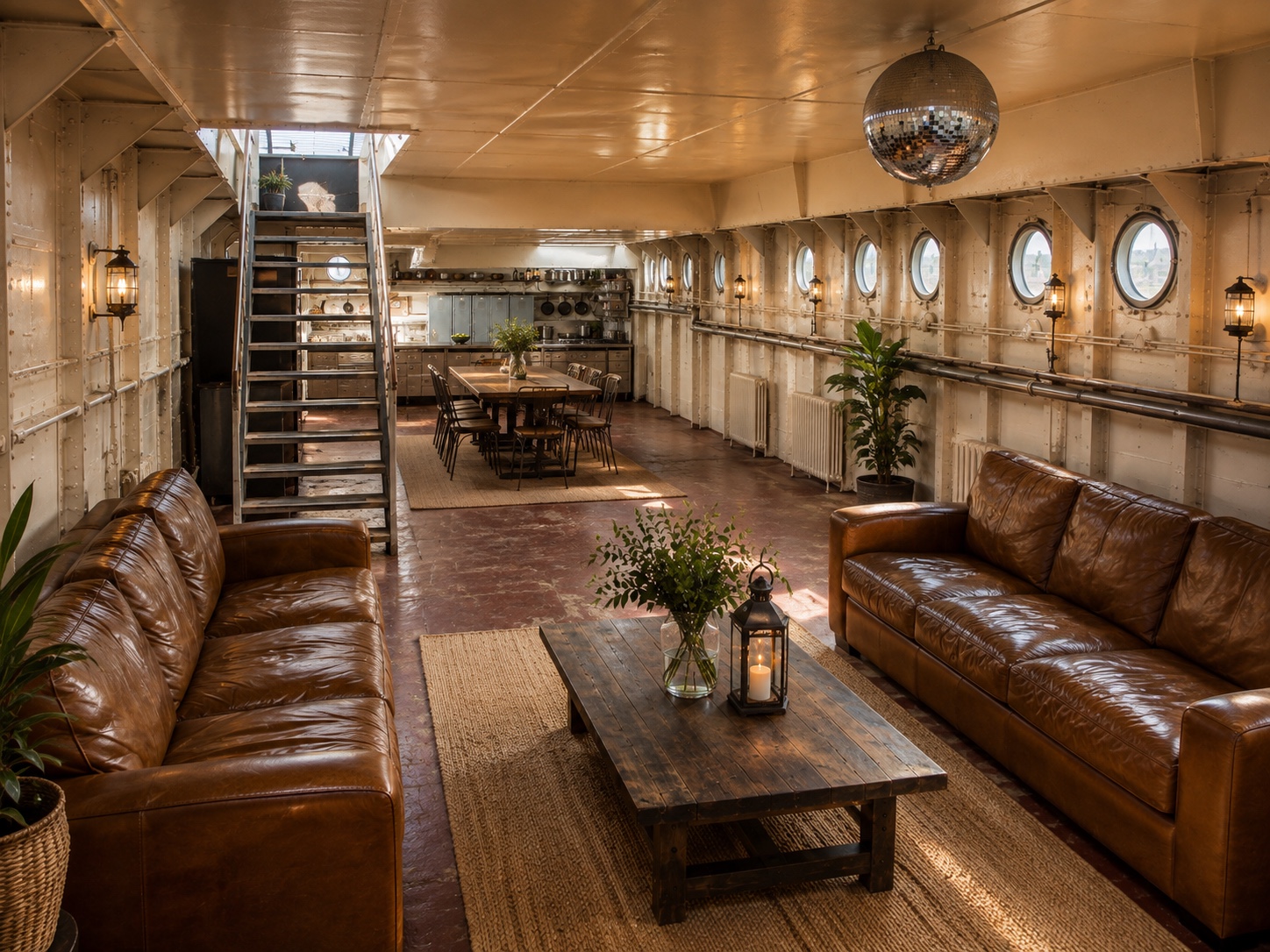 Leather lounge seating aboard The War Ship London