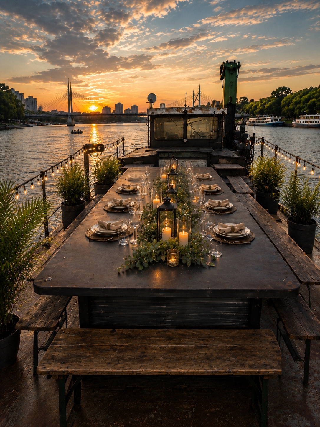 Long-table dining on the open deck of The War Ship London