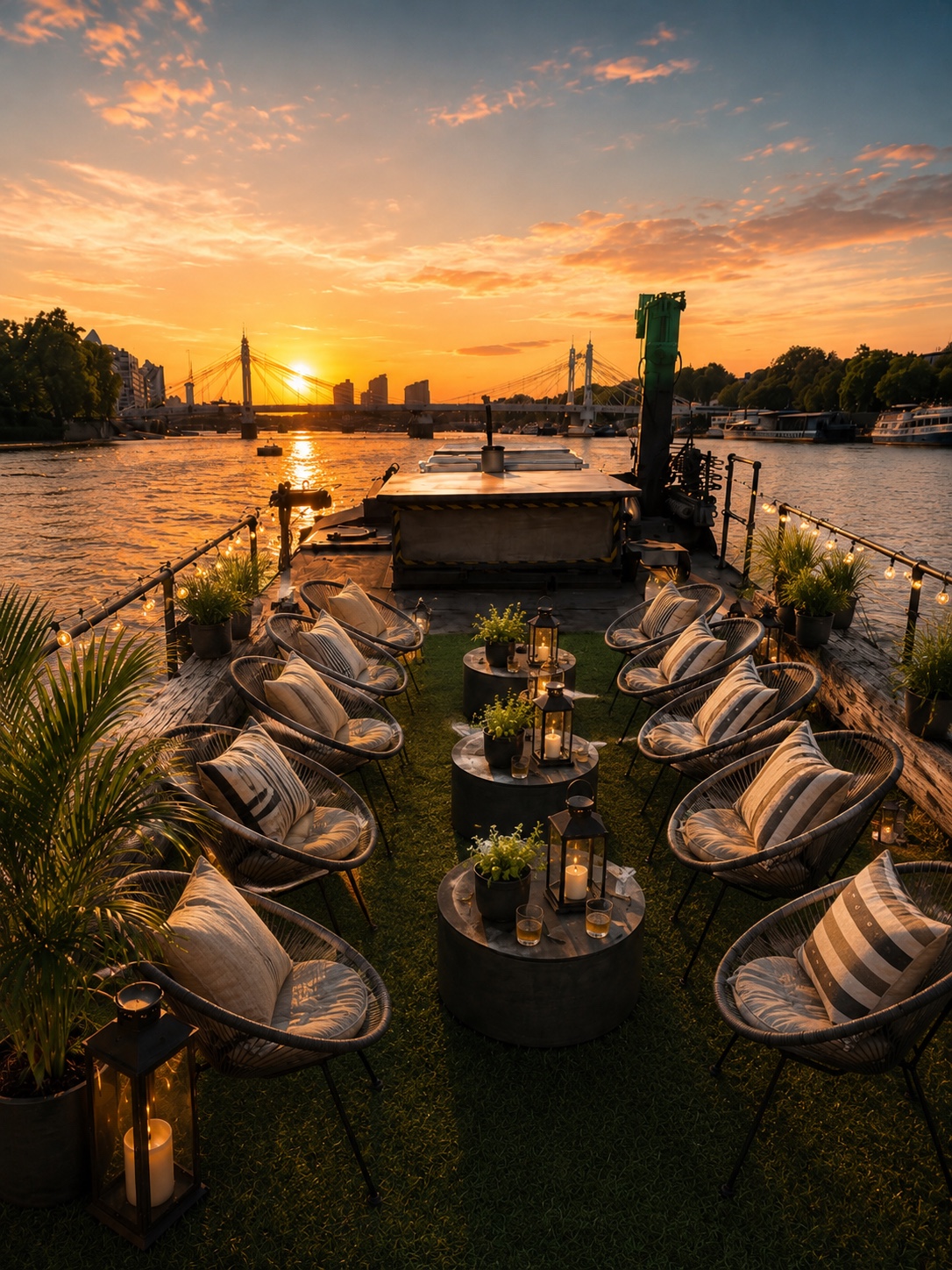 Open deck dining aboard The War Ship London at sunset